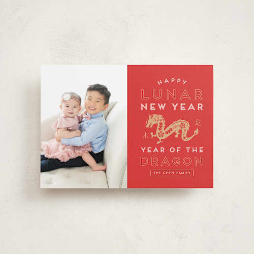 This is a ruby chinese new year cards with standard by Claudia Valenzuela called dragon emblem printing on recycled smooth signature in petite