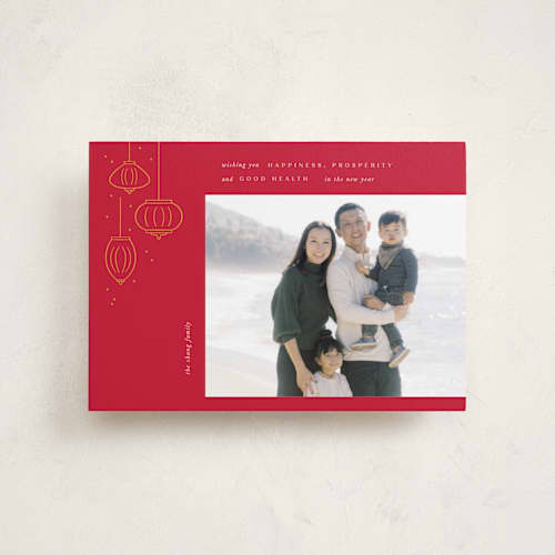 This is a scarlet chinese new year cards with standard by Creo Study called festive lanterns printing on recycled smooth signature in petite