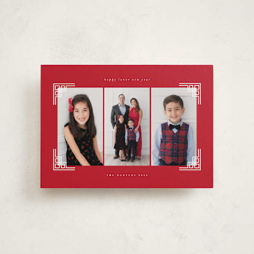 This is a crimson chinese new year cards with standard by Sejal Banker called gilded corners printing on recycled smooth signature in petite