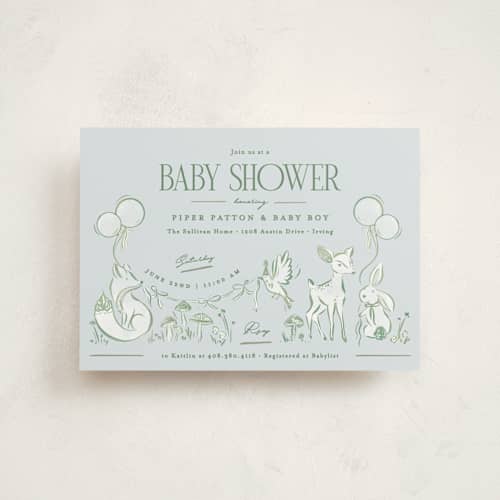 This is a bluebird baby shower postcards with standard by Julie Murray called woodland party printing on signature in postcard