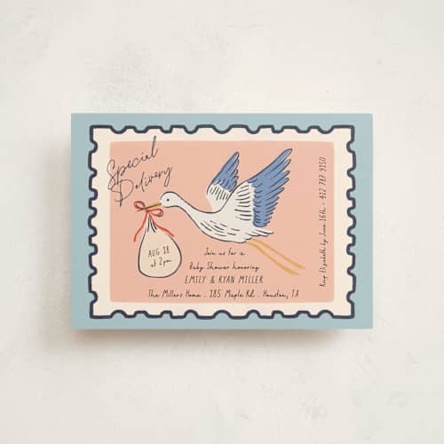 This is a sky baby shower postcards with standard by Elly called stamp printing on signature in postcard