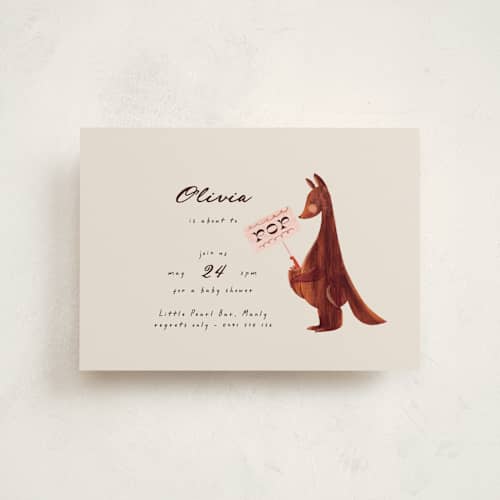 This is a cream baby shower postcards with standard by Gwen Bedat called kangaroo pop printing on signature in postcard