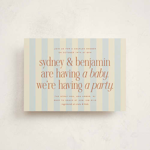 This is a powder blue baby shower postcards with standard by Ellen Schlegelmilch called we're having a party printing on signature in postcard