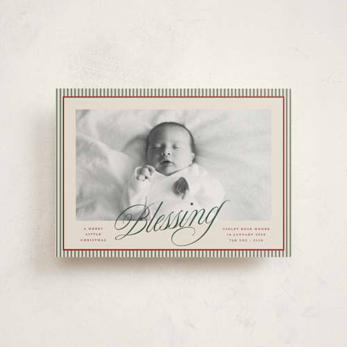 This is a pine babys first christmas with standard by Blustery August called a merry little christmas blessing printing on signature in postcard