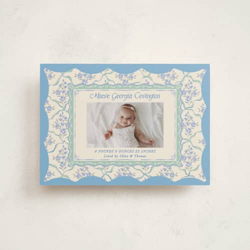 This is a periwinkle petite birth announcements with standard by Jackie Crawford called highgrove printing on signature in petite