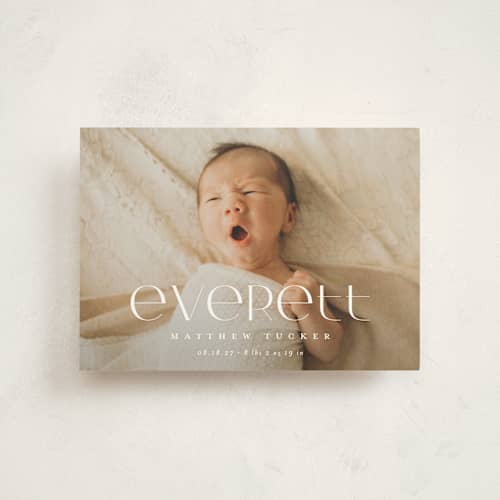 This is a linen petite birth announcements with standard by Erica Krystek called modern name printing on signature in petite