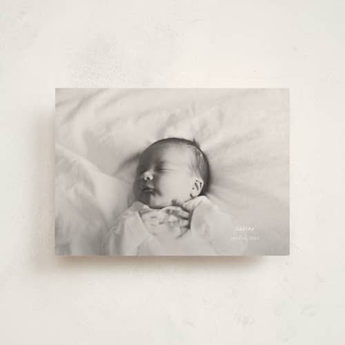This is a linen petite birth announcements with standard by Ani Somi called sabine printing on signature in petite