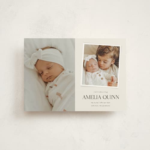 This is a cream petite birth announcements with standard by Jessica Williams called petite introduction printing on signature in petite
