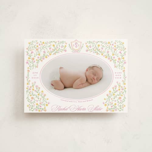 This is a cotton candy petite birth announcements with standard by Creo Study called cottagecore printing on signature in petite