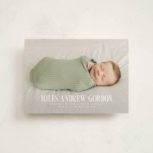 This is a cloud petite birth announcements with standard by Owl and Toad called simply stated printing on signature in petite