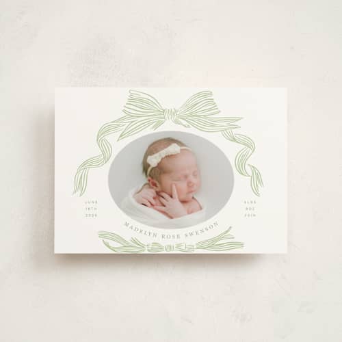 This is a mint petite birth announcements with standard by Stephanie Hawkes called ribbon bow frame printing on signature in petite