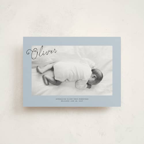 This is a powder petite birth announcements with standard by Jenna Holcomb called nostalic handwriting printing on signature in petite