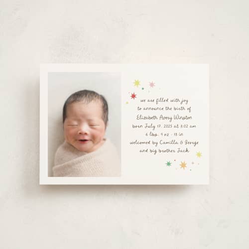 This is a strawberry petite birth announcements with standard by Megan Davis called constellation printing on signature in petite