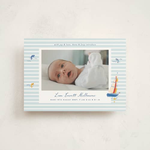 This is a maritime petite birth announcements with standard by Corinne Malesic called little sail boat printing on signature in petite