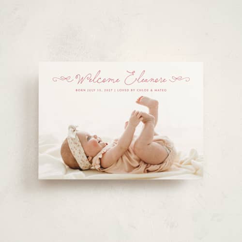 This is a flamingo petite birth announcements with standard by Jackie Crawford called tiny bow script printing on signature in petite