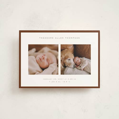 This is a hickory petite birth announcements with standard by Juneau Designs called pure love printing on signature in petite