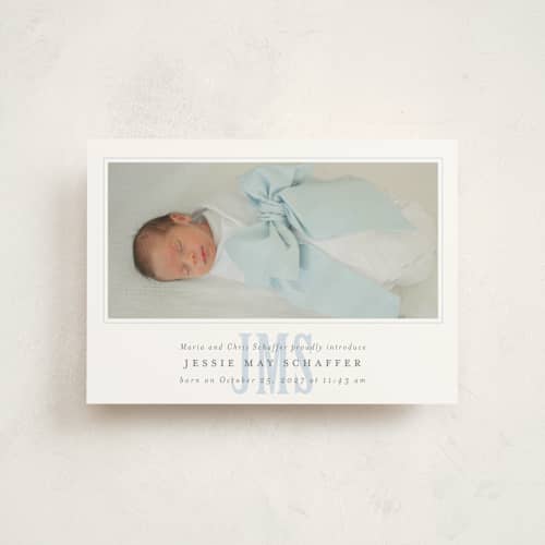 This is a sky birth announcement postcards with standard by Erin Hodges called classic monogram printing on signature in postcard
