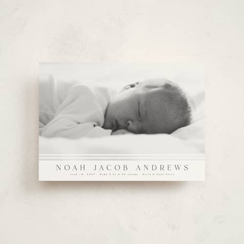 This is a cloud birth announcement postcards with standard by Nicole Walsh called minimalist stripes printing on signature in postcard