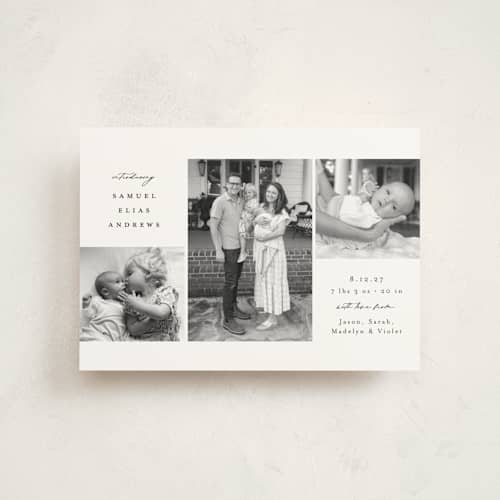 This is a noir birth announcement postcards with standard by Emily Betts called three printing on signature in postcard