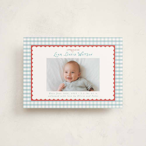 This is a picnic birth announcement postcards with standard by Christy Hy Lee called playful pattern printing on signature in postcard