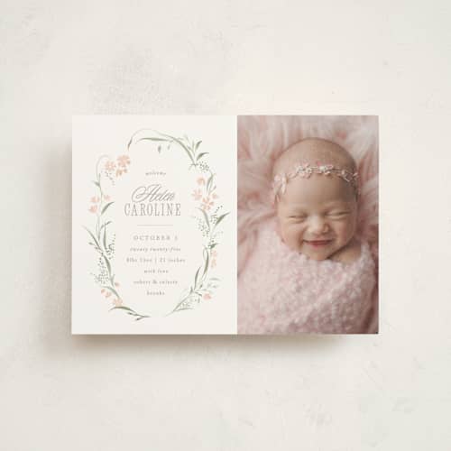 This is a sweet pea birth announcement postcards with standard by Erin L. Wilson called dottie printing on signature in postcard