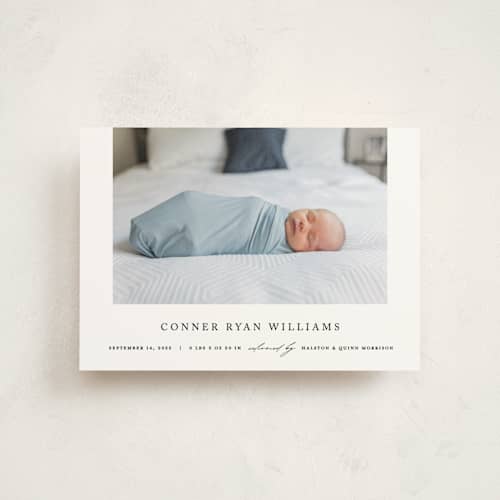 This is a onyx birth announcement postcards with standard by Pixel and Hank called dreamer printing on signature in postcard
