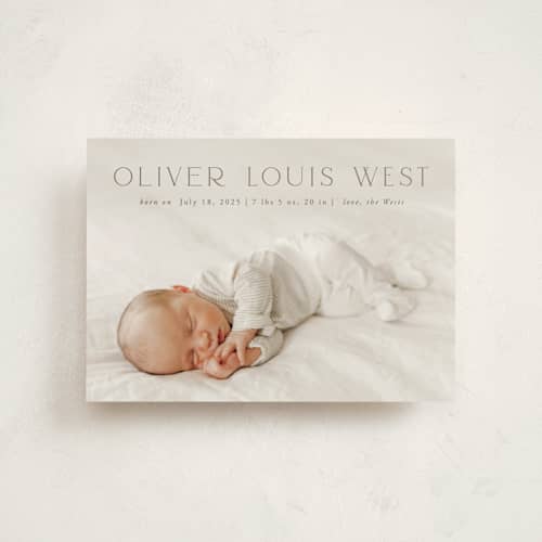 This is a fog birth announcement postcards with standard by Julia Hall called our hearts printing on signature in postcard