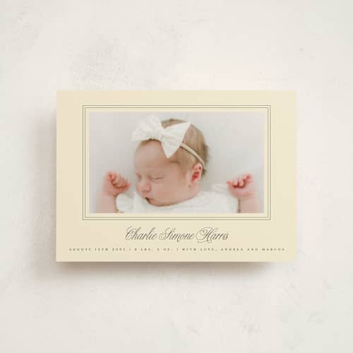 This is a creme birth announcement postcards with standard by mo kelley called classical border printing on signature in postcard