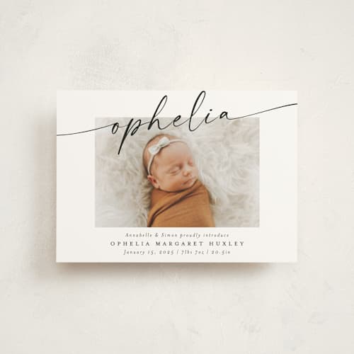 This is a coal birth announcement postcards with standard by Meggy Masters called signature name printing on signature in postcard
