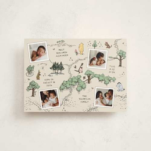 This is a natural birth announcement postcards with standard by Heather Schertzer called hundred acre wood printing on signature in postcard