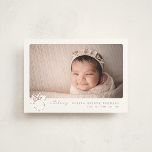 This is a peony birth announcement postcards with standard by Creo Study called disney's minnie's bow printing on signature in postcard