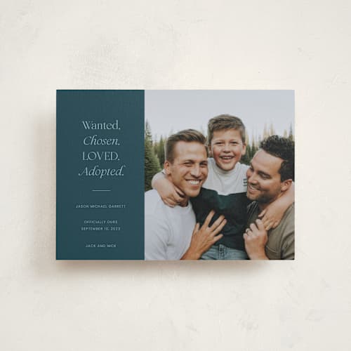 This is a jade birth announcement postcards with standard by That Girl Press called favorite things printing on signature in postcard