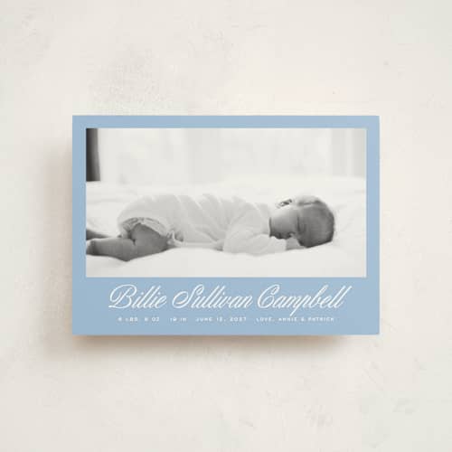 This is a chambray birth announcement postcards with standard by Megan Davis called chambray printing on signature in postcard