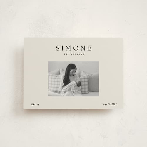This is a noir birth announcement postcards with standard by Jackie Crawford called simone printing on signature in postcard