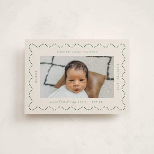 This is a moss birth announcement postcards with standard by Kelly Watkins called squiggle: landscape printing on signature in postcard