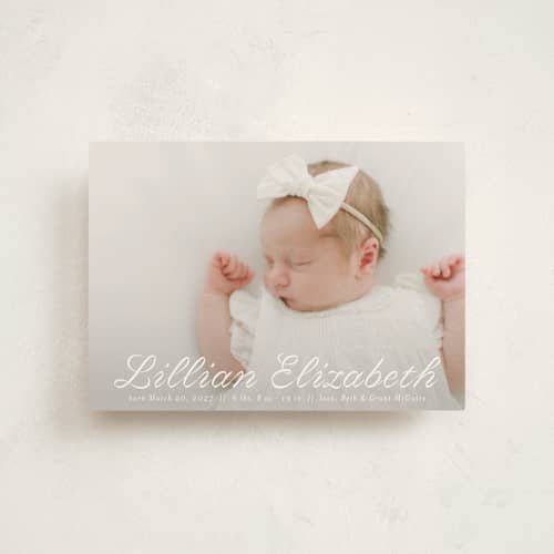 This is a cotton birth announcement postcards with standard by Megan Davis called georgette printing on signature in postcard