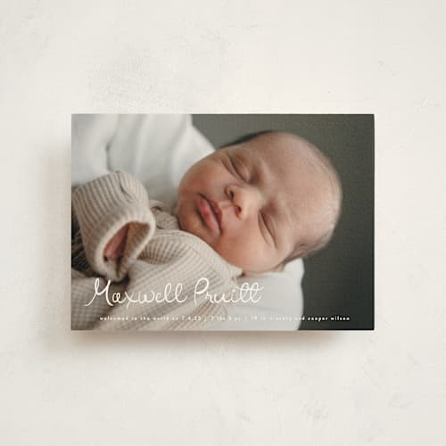 This is a snow birth announcement postcards with standard by Lauren Chism called written whimsy printing on signature in postcard