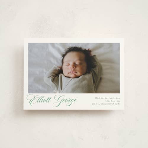 This is a clover birth announcement postcards with standard by Megan Davis called hollis printing on signature in postcard