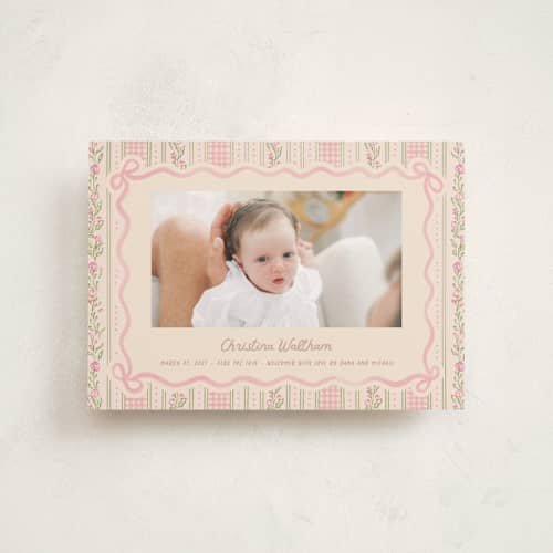 This is a ballet slipper birth announcement postcards with standard by Creo Study called cottagecore wallpaper printing on signature in postcard