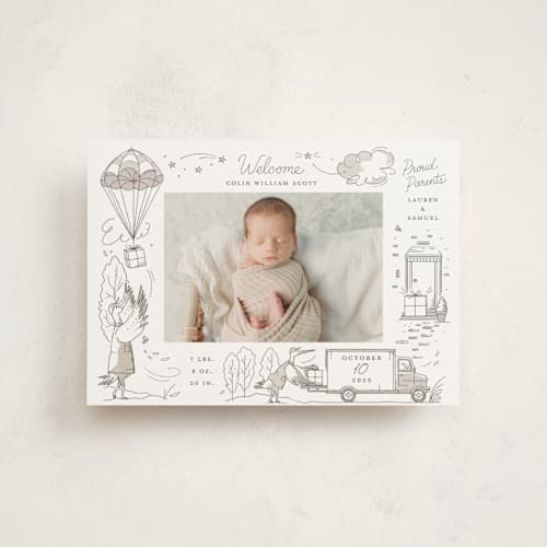 This is a slate birth announcement postcards with standard by Morgan Ramberg called special delivery printing on signature in postcard