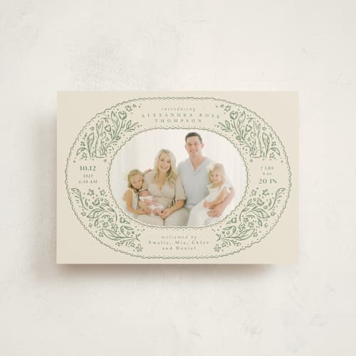 This is a sage birth announcement postcards with standard by Anastasia Makarova called bunnies and flowers printing on signature in postcard