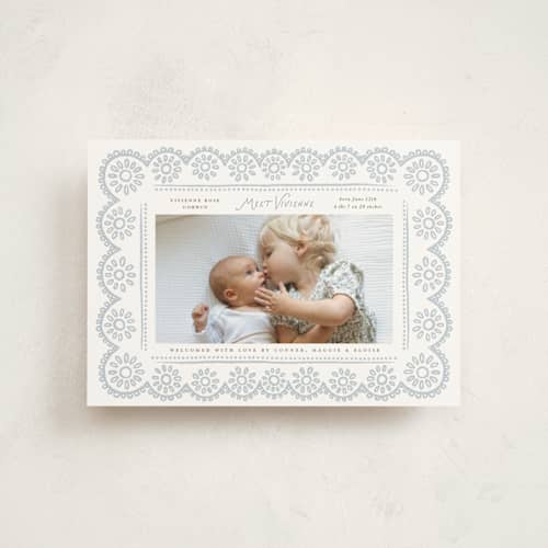 This is a cloud birth announcement postcards with standard by Laura Hankins called handdrawn eyelet printing on signature in postcard