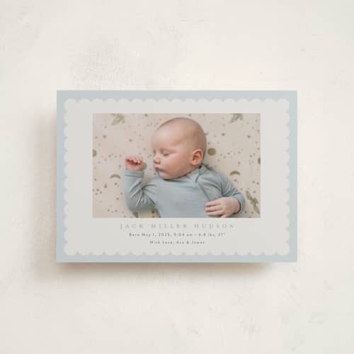 This is a sky birth announcement postcards with standard by Nicoletta Savod called charmed printing on signature in postcard