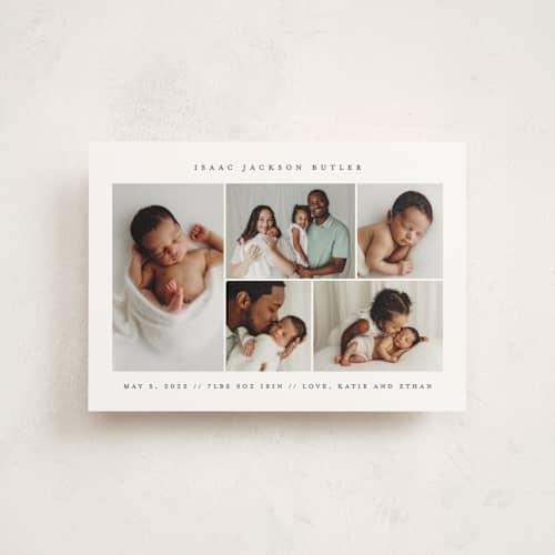 This is a navy birth announcement postcards with standard by Jennifer Postorino called minimalist printing on signature in postcard