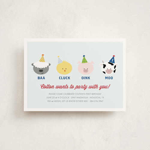 This is a sky blue petite kids birthday invitations with standard by Leslie Ann Jones called barnyard crew printing on signature in petite