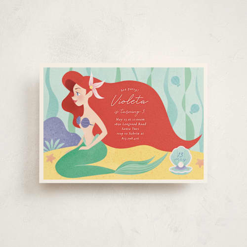 This is a aquamarine petite kids birthday invitations with standard by Sabrin Deirani called disney's ariel under the sea printing on signature in petite