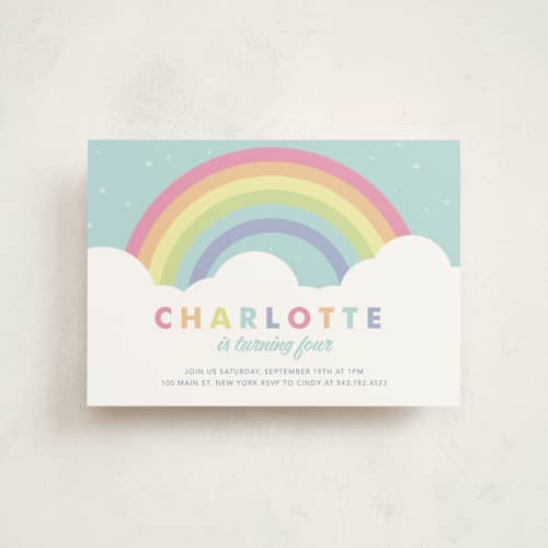 This is a mint petite kids birthday invitations with standard by Maria Alou called pastel rainbow sparkles printing on signature in petite