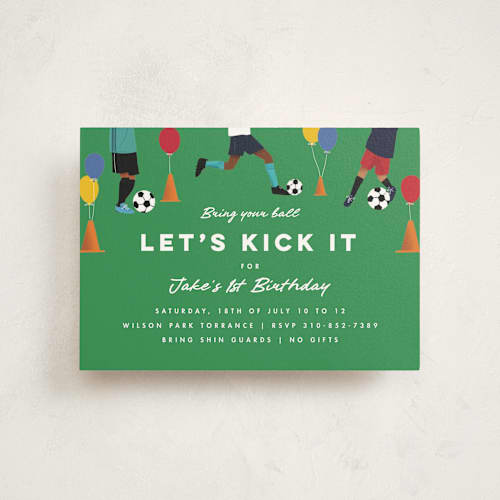 This is a grass petite kids birthday invitations with standard by Becky Nimoy called kick it soccer ball printing on signature in petite