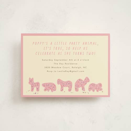 This is a pink sugar petite kids birthday invitations with standard by Jennifer Postorino called animal cracker parade printing on signature in petite