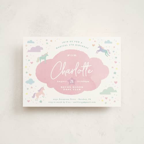 This is a bubblegum petite kids birthday invitations with standard by Jennifer Wick called unicorn dreams printing on signature in petite